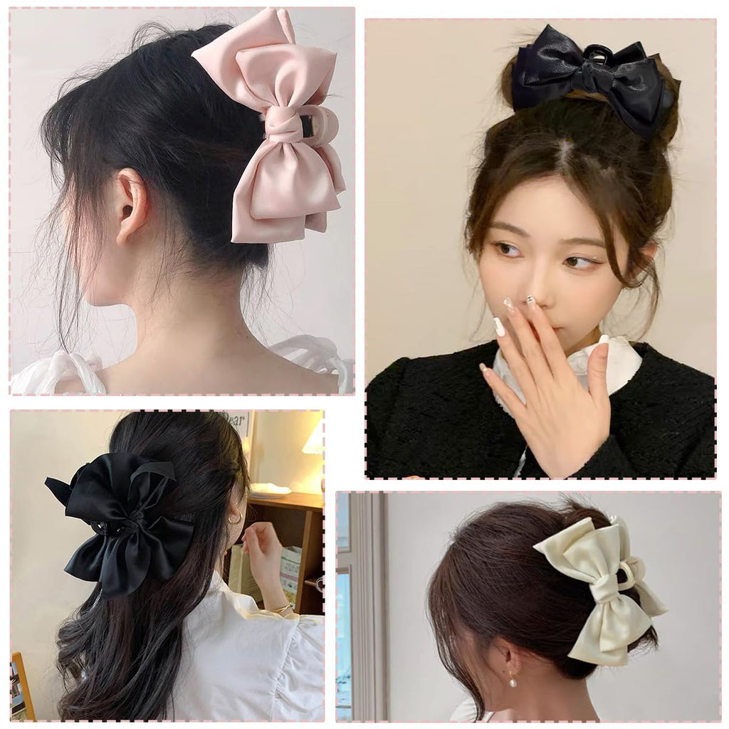 3 PCS Large Bow Hair Claw Clips Satin Bow Claw Clip for Women Girl with Long Thick Hair 5.9 Inch Elegant Hair Ribbon Design for All Types Big (Black+White+Pink)