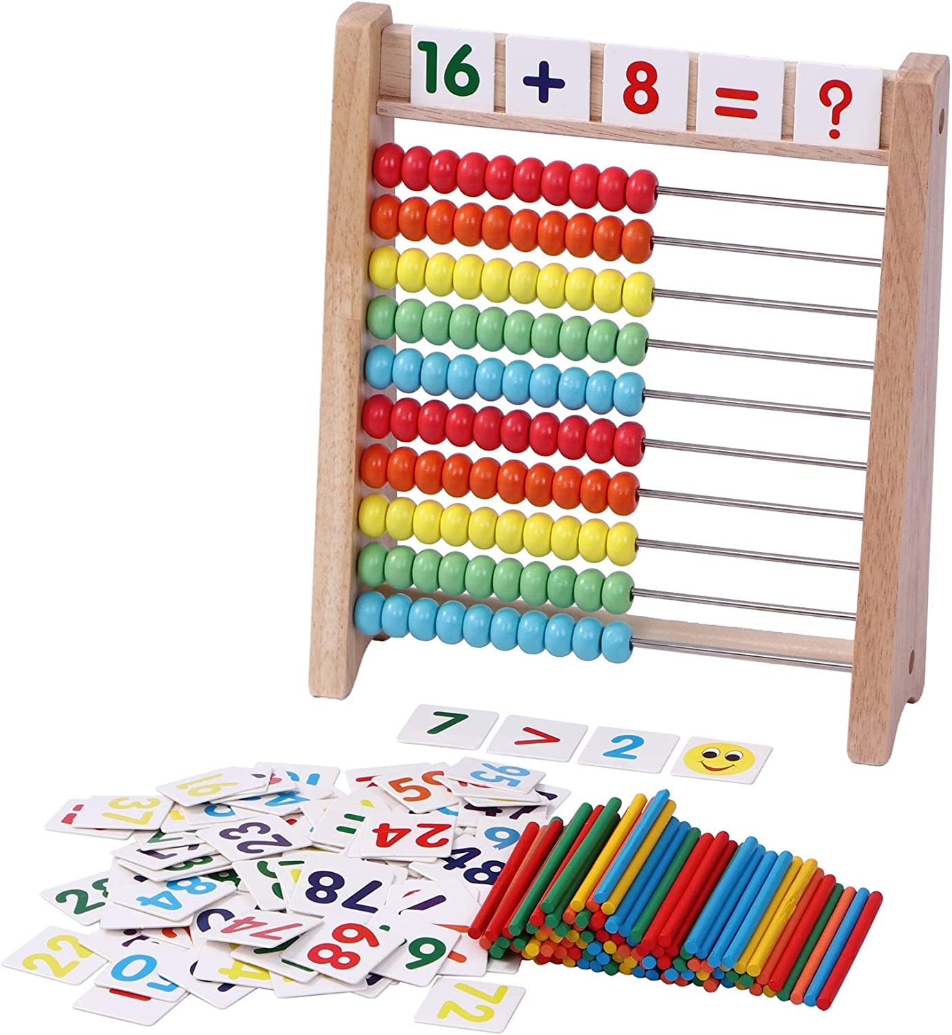 Wooden Abacus for Kids - 100 Counting Sticks and Number Toys Cards 1-100, Educational Math Games for Preschool and Elementary School 1St 2Nd Grade