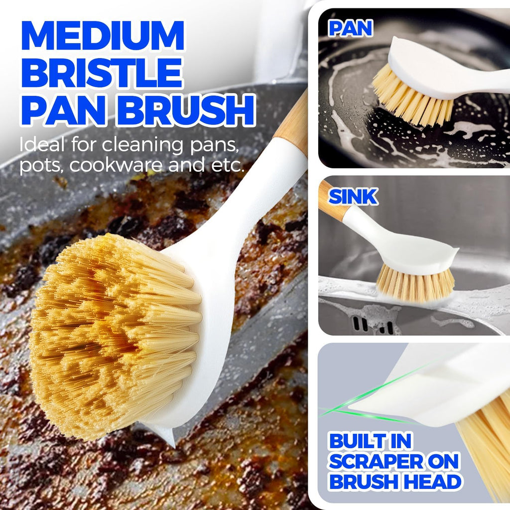 3 Pack Dish Brush Set with Bamboo Handle, Kitchen Brushes for Cleaning Pot, Sink and Stove, Skillet Scrubber with Tough Bristles for Cast Iron Grill Pan, White Yellow Black