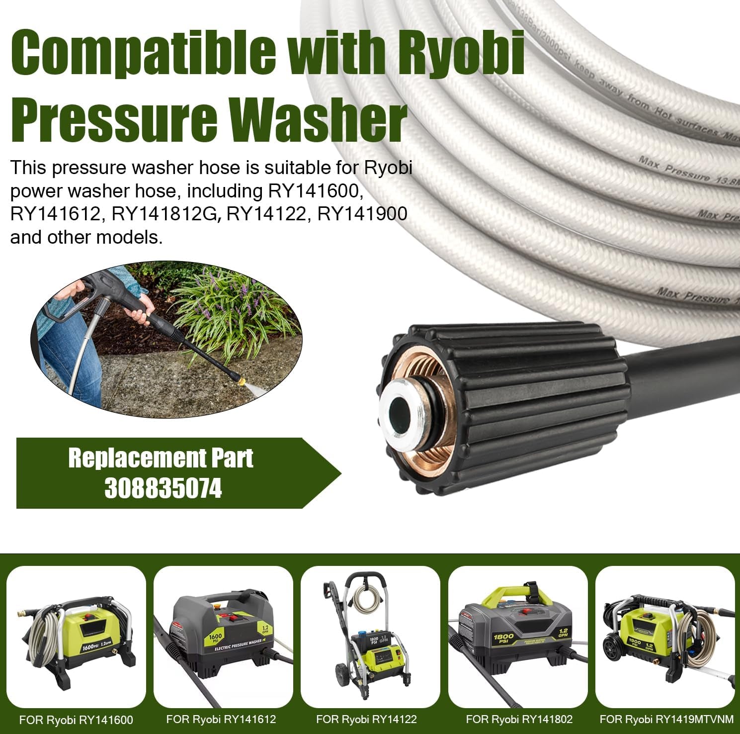 Pressure Washer Hose for Ryobi Power Washer Hose Replacement Ryobi Electric Power Washer Model RY141600 RY141612 RY141812G High Pressure Hose Part #308835074