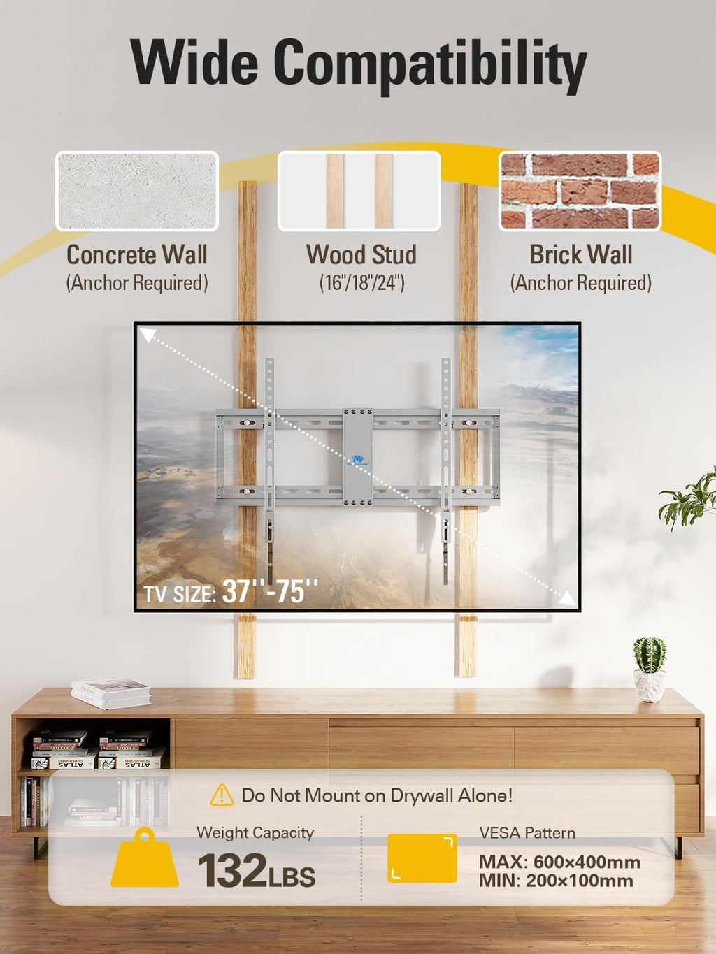 TV Wall Mount for Most 37-75 Inch Televisions, Universal Tilt TV Mount Fits 16", 18", 24" Studs, Max VESA 600X400Mm, 132Lbs, Low Profile Flat Wall Mount Bracket, MD2968-LK