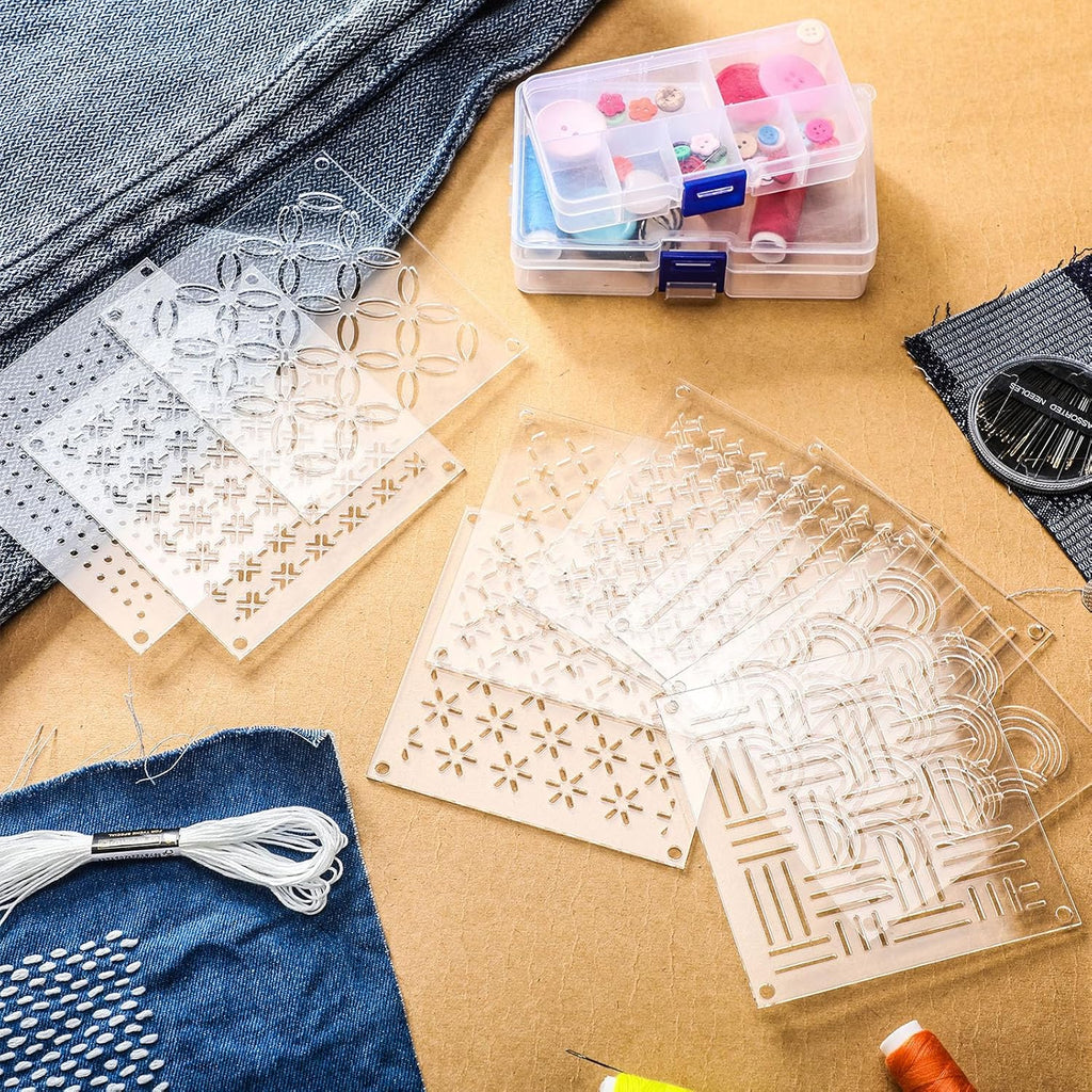 10 Sets Acrylic Sashiko Stencil, 4.7 X 4.7 Inch Acrylic Embroidery Tool Sashiko Stencil with Straight Lines and Square Dots Arcs Pattern Template for Hand Quilting and Embroidery