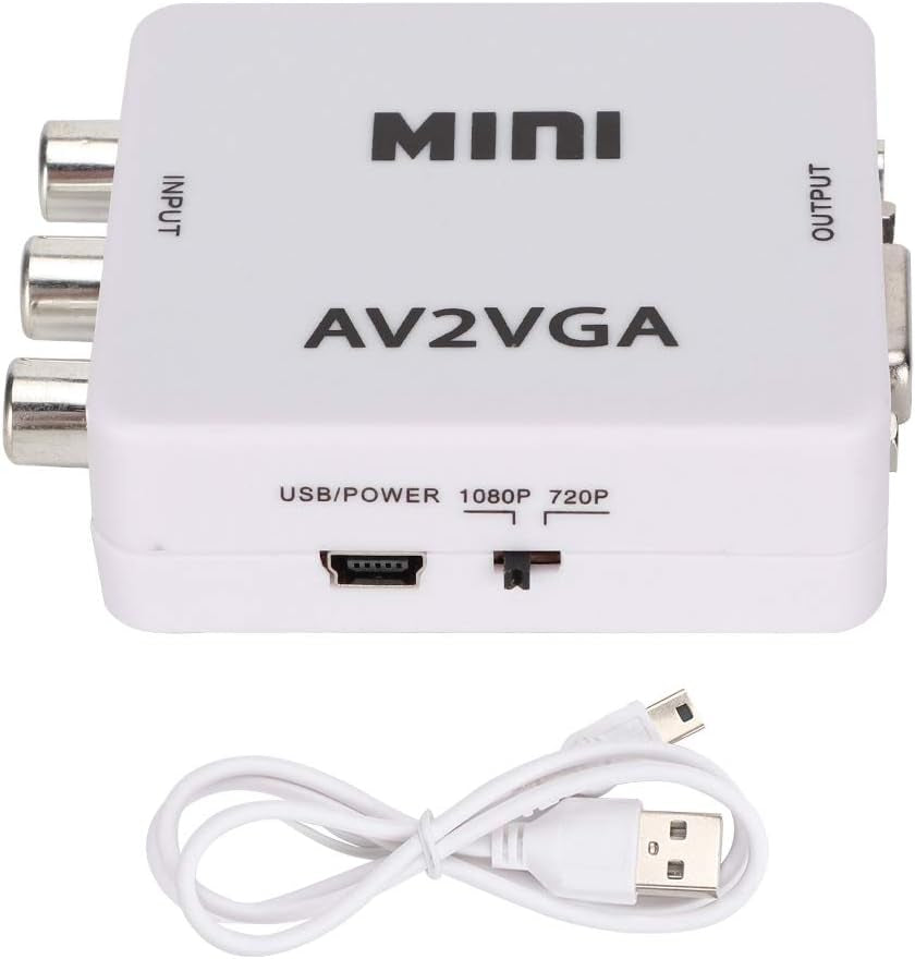 Video Converter, 480P Mini AV to VGA Adapter, Composite TV Set-Top Box Audio Video Converter (White)