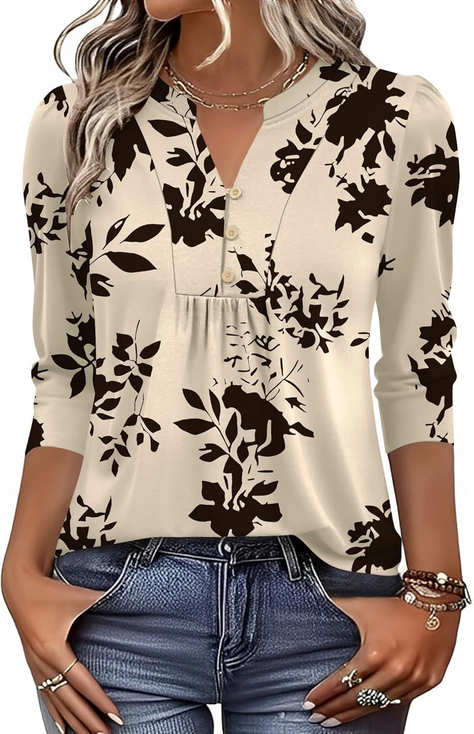 3/4 Length Sleeve Womens Tops Dressy Casual Henley V-Neck Summer Tops Pleated T-Shirts Loose Fit Work Blouses