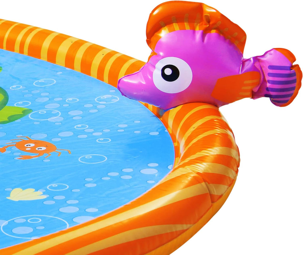 Splash Pad Toddler Water Play Mat, 58 in Outdoor Kids Sprinkler Mat with 3D Sea Characters, Baby Splash Pad for Backyard Summer Fun