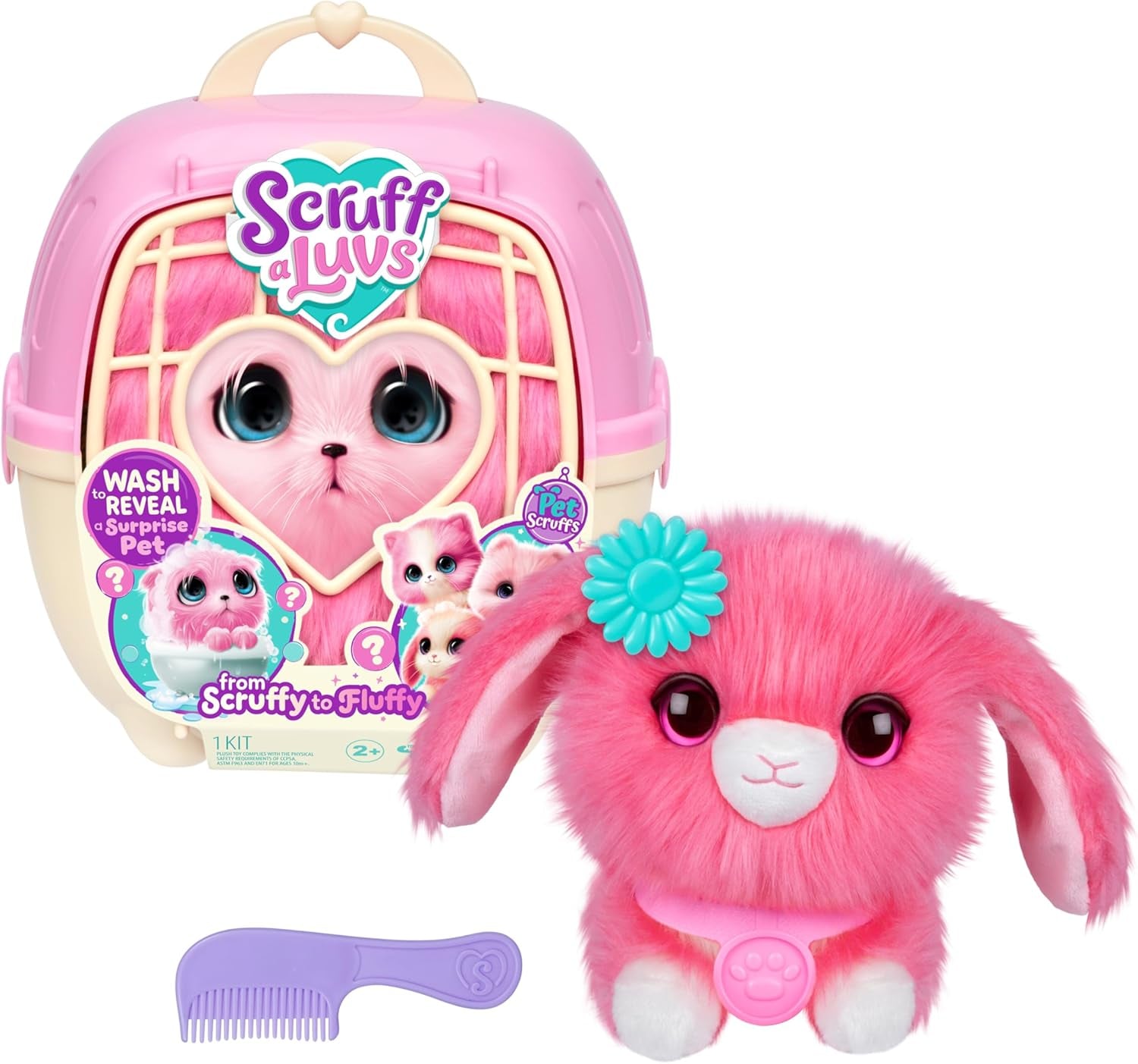 Pink Surprise Pet, Mystery Plush Toys, Stuffed Animals, Wash to Reveal 1 of 3 Rescue Surprise Toy Pets: Puppy, Bunny, or Kitty - Includes 8.7" Deluxe Carrier - Styles May Vary