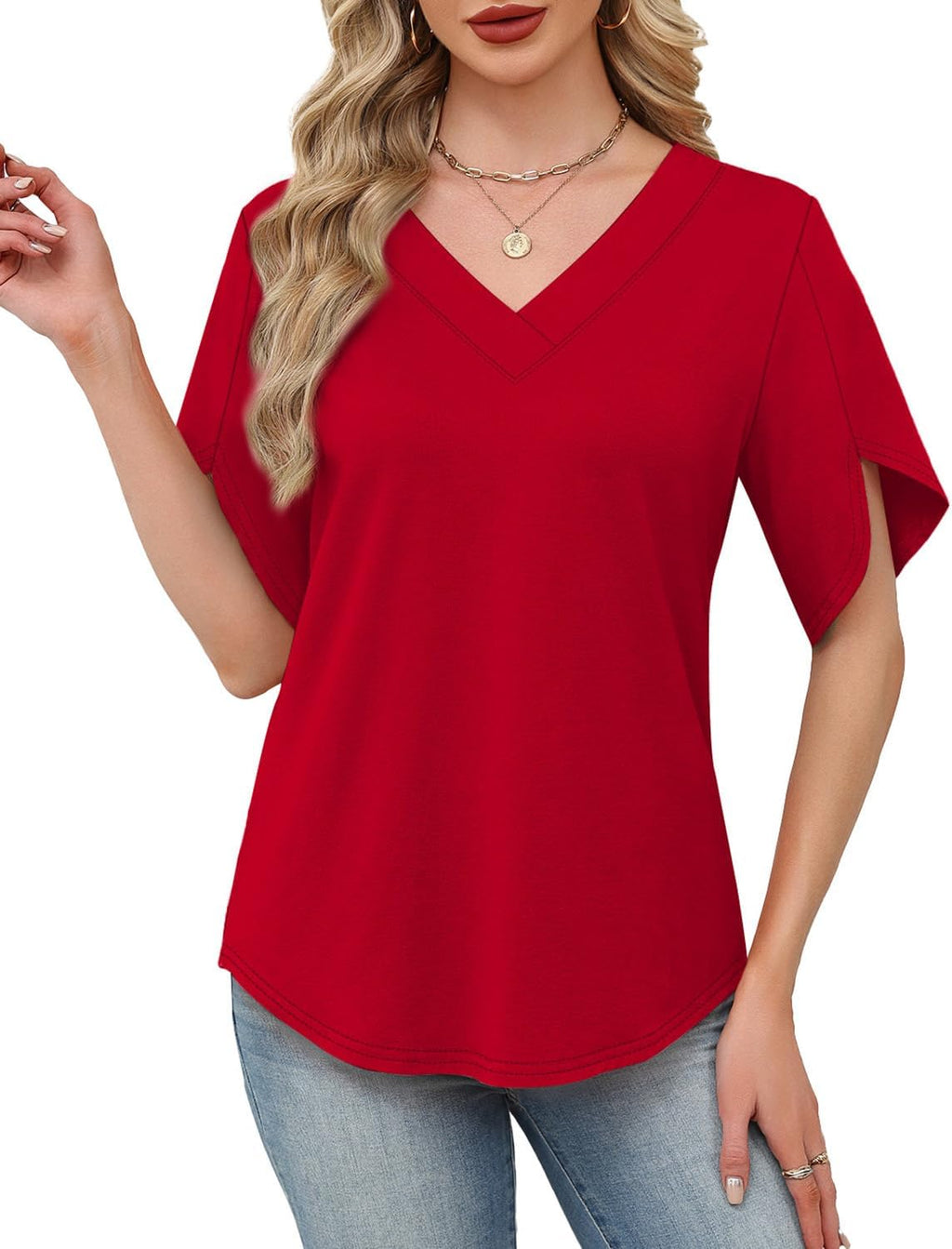 Womens Summer Tops Short Petal Sleeve Shirts Fashion V Neck Womens Clothing