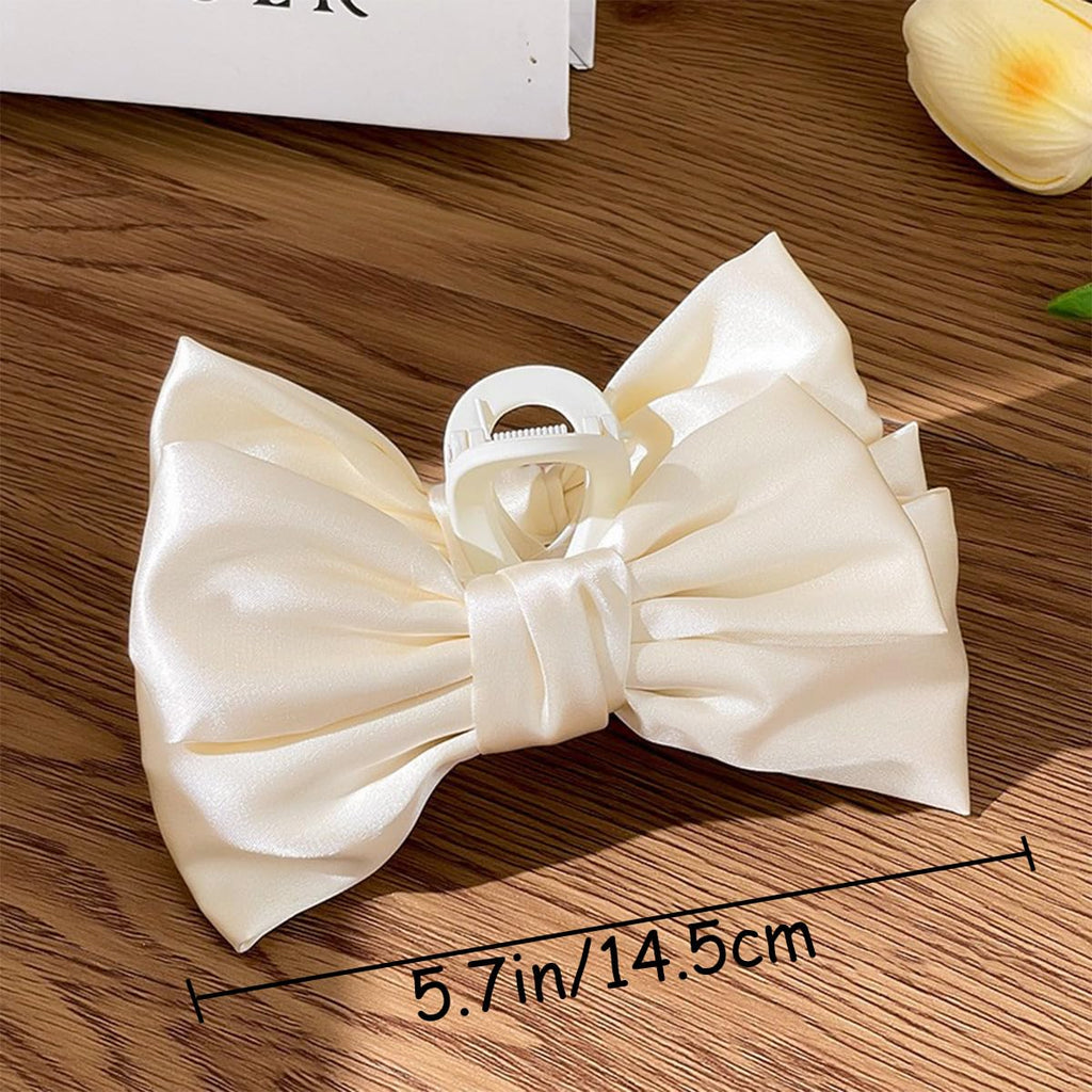3 PCS Large Bow Hair Claw Clips Satin Bow Claw Clip for Women Girl with Long Thick Hair 5.9 Inch Elegant Hair Ribbon Design for All Types Big (Black+White+Pink)