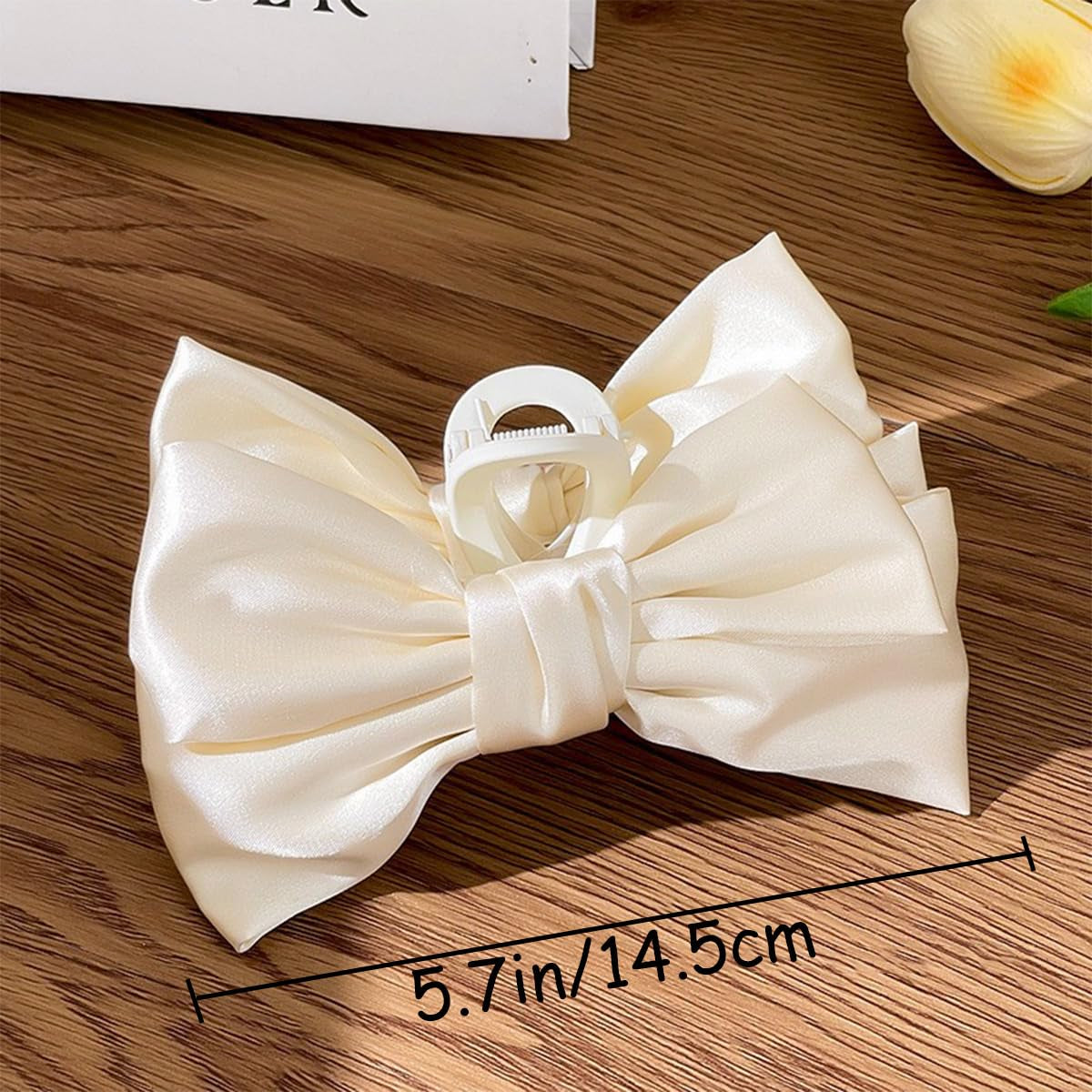 3 PCS Large Bow Hair Claw Clips Satin Bow Claw Clip for Women Girl with Long Thick Hair 5.9 Inch Elegant Hair Ribbon Design for All Types Big (Black+White+Pink)