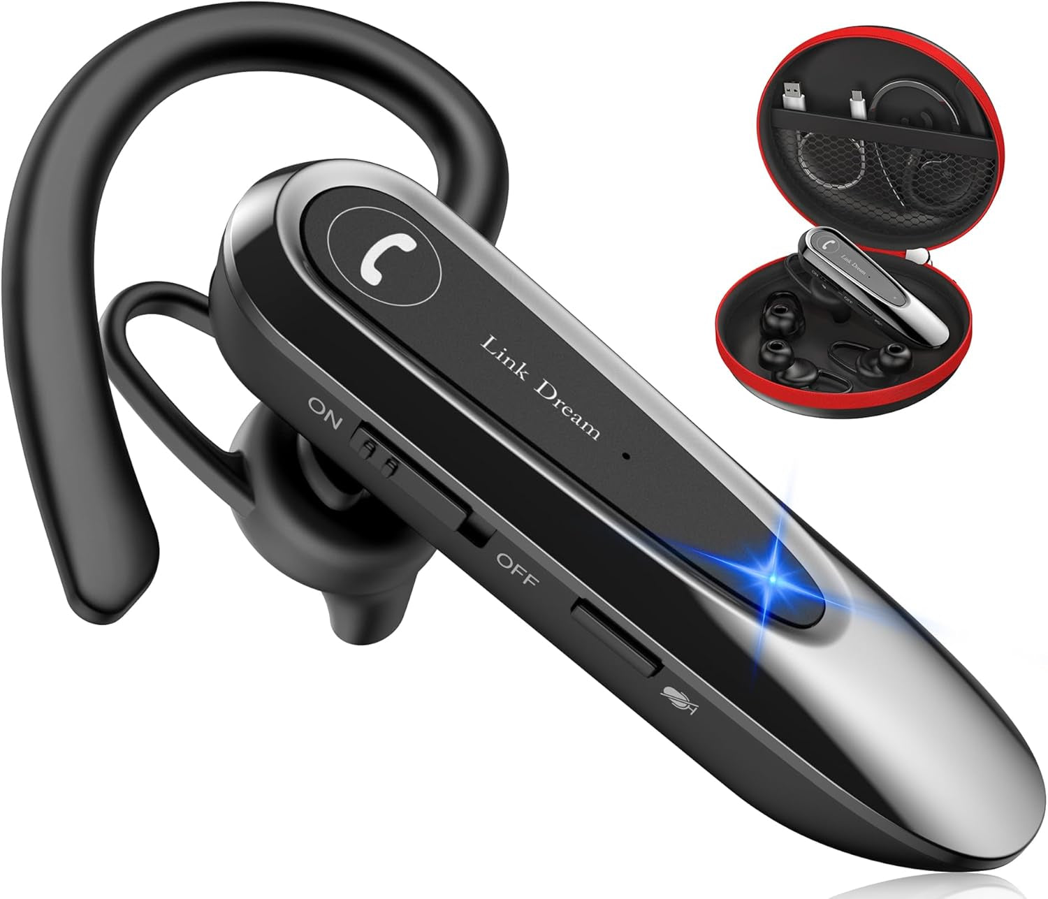 Bluetooth Earpiece Wireless CVC8.0 Headset for Cell Phone Dual Mic Noise Canceling Earpiece Phone with Mute Key 20H Talk 180 Days Standby for Iphone Android Home Office Driving (1 Pack)