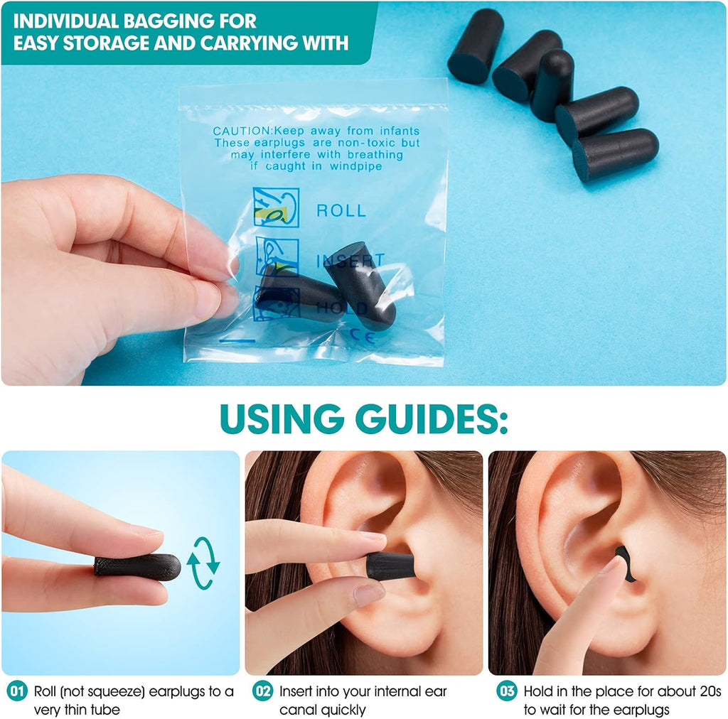 100 Pairs Black Foam Ear Plugs - 33Db NRR Noise Cancelling, Durable & Comfortable, Individually Wrapped for Work, Construction, Shooting, Travel, Loud Events