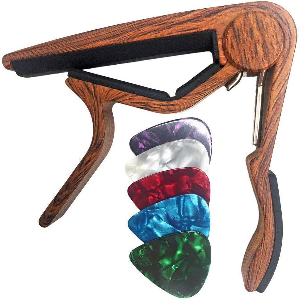 Classical Flat Guitar Capo for Nylon String Guitars-Rosewood Finish with 5 Picks.