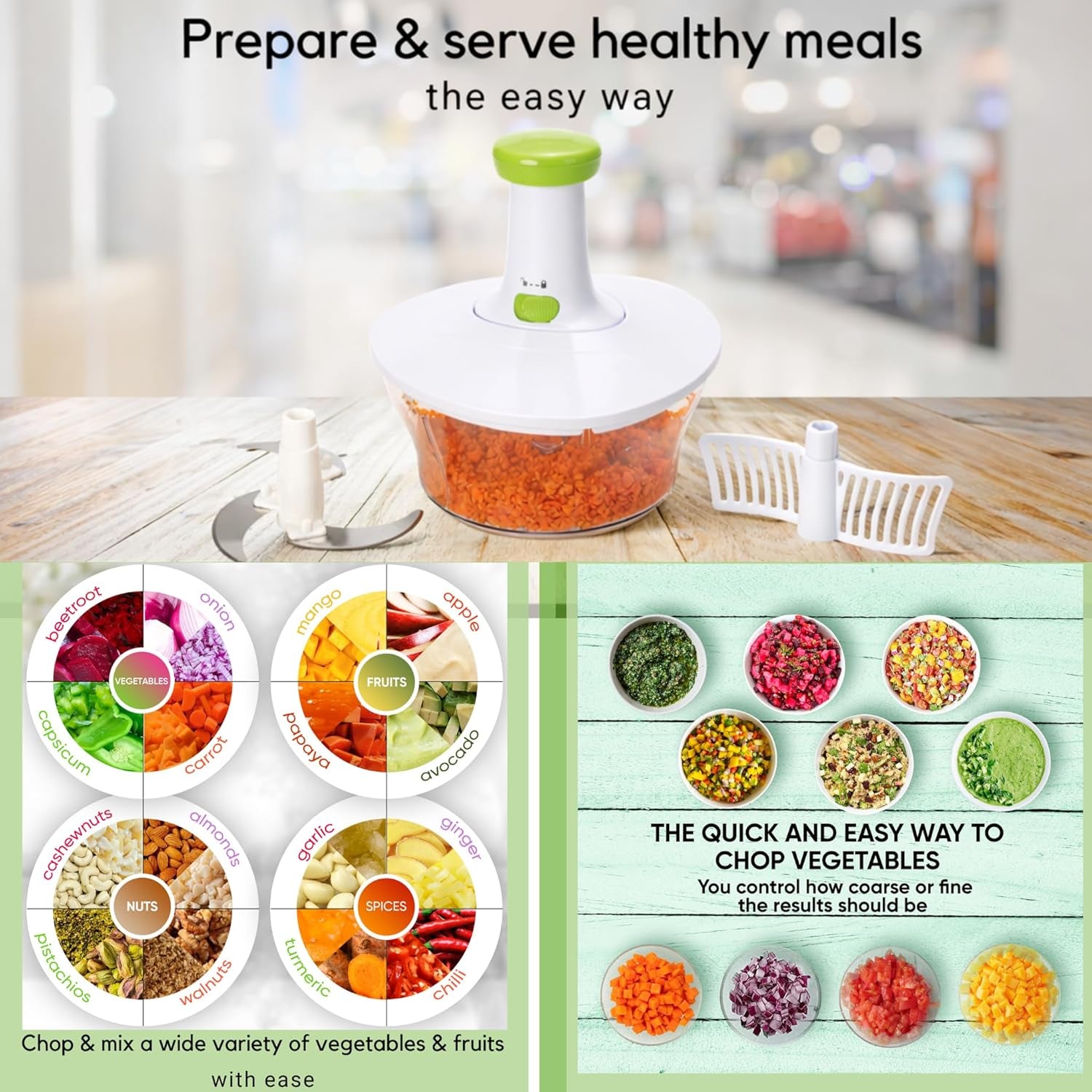 Express Manual Food Chopper: 6.8-Cup, Hand Chopper Vegetable Cutter to Chop Veggies, Fruits, Herbs, Garlic Onion Chopper for Salsa, Salad, Pesto, Hummus, Guacamole, Coleslaw, Indian Cooking