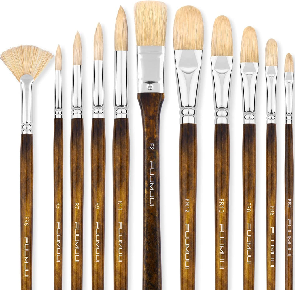 Professional Oil Paint Brush Set,  11Pcs Superior Hog Bristle Paint Brushes Perfect for Oil Acrylic Gouache Painting