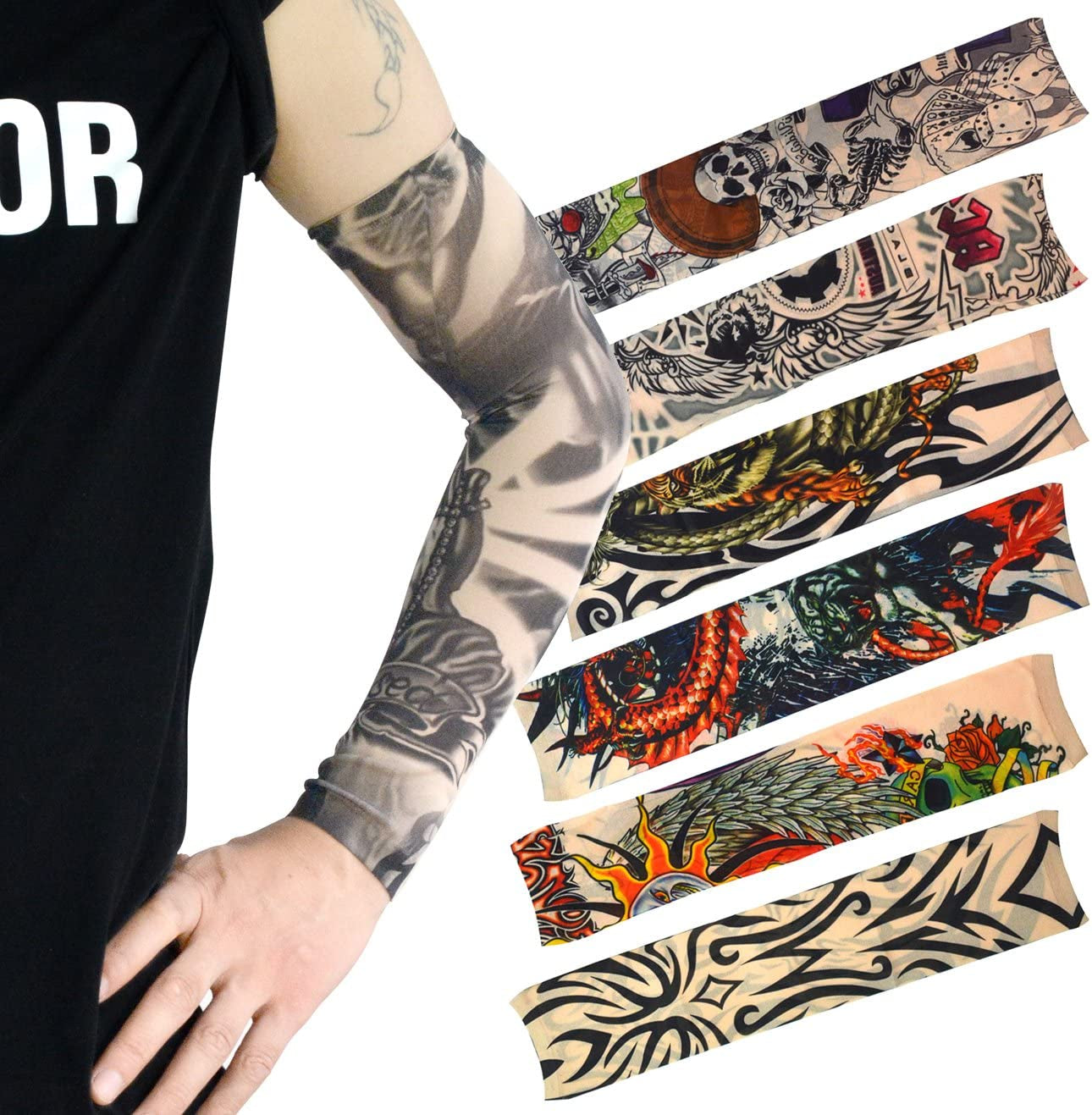 20Pcs Temporary Tattoo Arm Sleeves Arts Fake Slip on Arm Sunscreen Sleeves Body Art Stockings Protector -Designs Tribal, Tiger, Dragon, Skull, and Etc Unisex Stretchable Cosplay Accessories