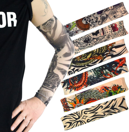 20Pcs Temporary Tattoo Arm Sleeves Arts Fake Slip on Arm Sunscreen Sleeves Body Art Stockings Protector -Designs Tribal, Tiger, Dragon, Skull, and Etc Unisex Stretchable Cosplay Accessories