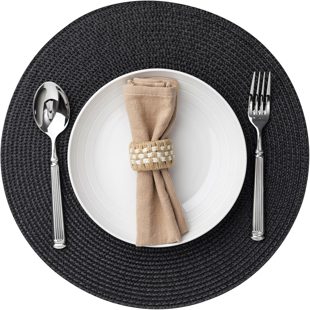 Round Placemats Set of 6 Plastic Woven Placemats Washable Wipeable Table Mats for Dining Table Heat Resistant Non-Slip Circle Place Mats (Black)