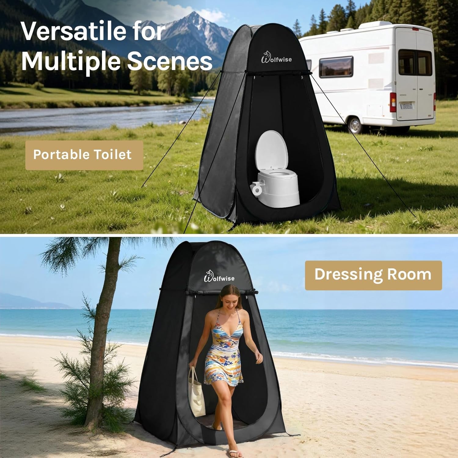 Pop up Shower Tent for Camping Essentials, Portable Instant Changing Tent with Ventilation Window & Carry Bag, Privacy Dressing Room Bathroom Toilet for Beach & Outdoor, Standard, Black
