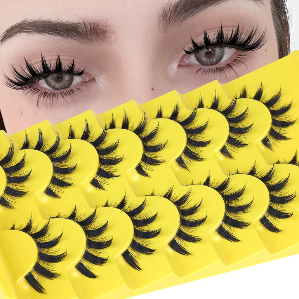 Manga Lashes Natural Eyelashes Spiky False Eyelashes Invisible Band 3D Cat Eye Lashes Wispy Fake Lashes Cosplay Anime Lashes 7 Pairs Pack Asian Doll Lashes Clear Band by