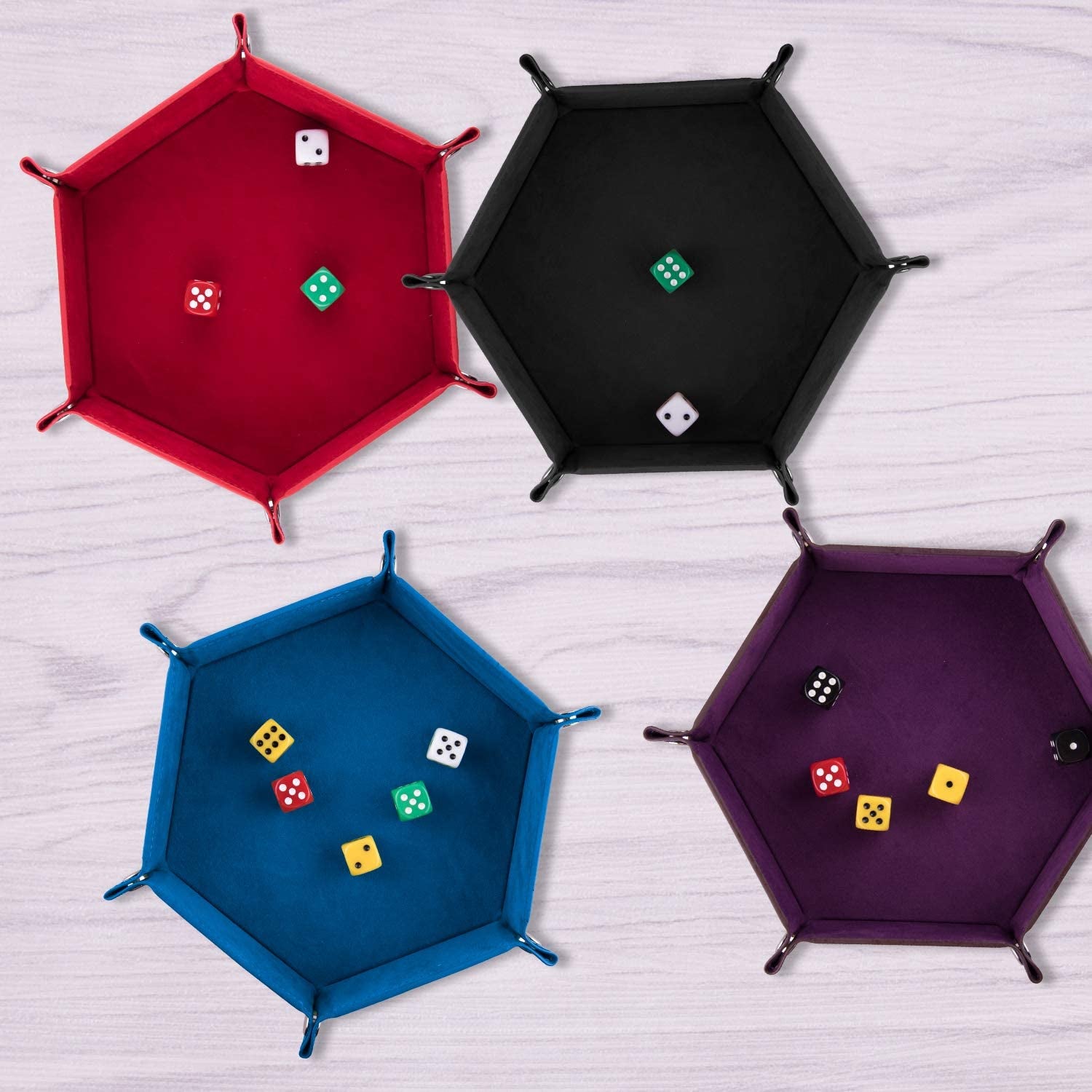 4 Pieces Dice Tray Set Foldable Dice Trays Hexagon Dice Rolling Tray PU Leather Dice Holder for Dice Games like RPG, DND and Other Table Games (Red, Black, Blue and Violet)