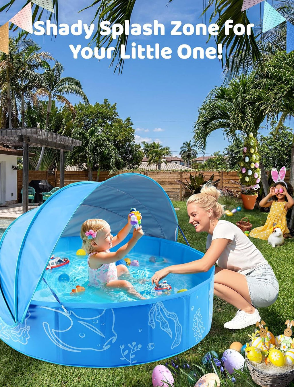 Foldable Kiddie Pool with Canopy: 31.5In/ 47In /63In for Baby Toddler Kids Family - Summer Water Play Pool with Shade - Portable for Outdoor Backyard Beach (Blue-Blue, 47In)