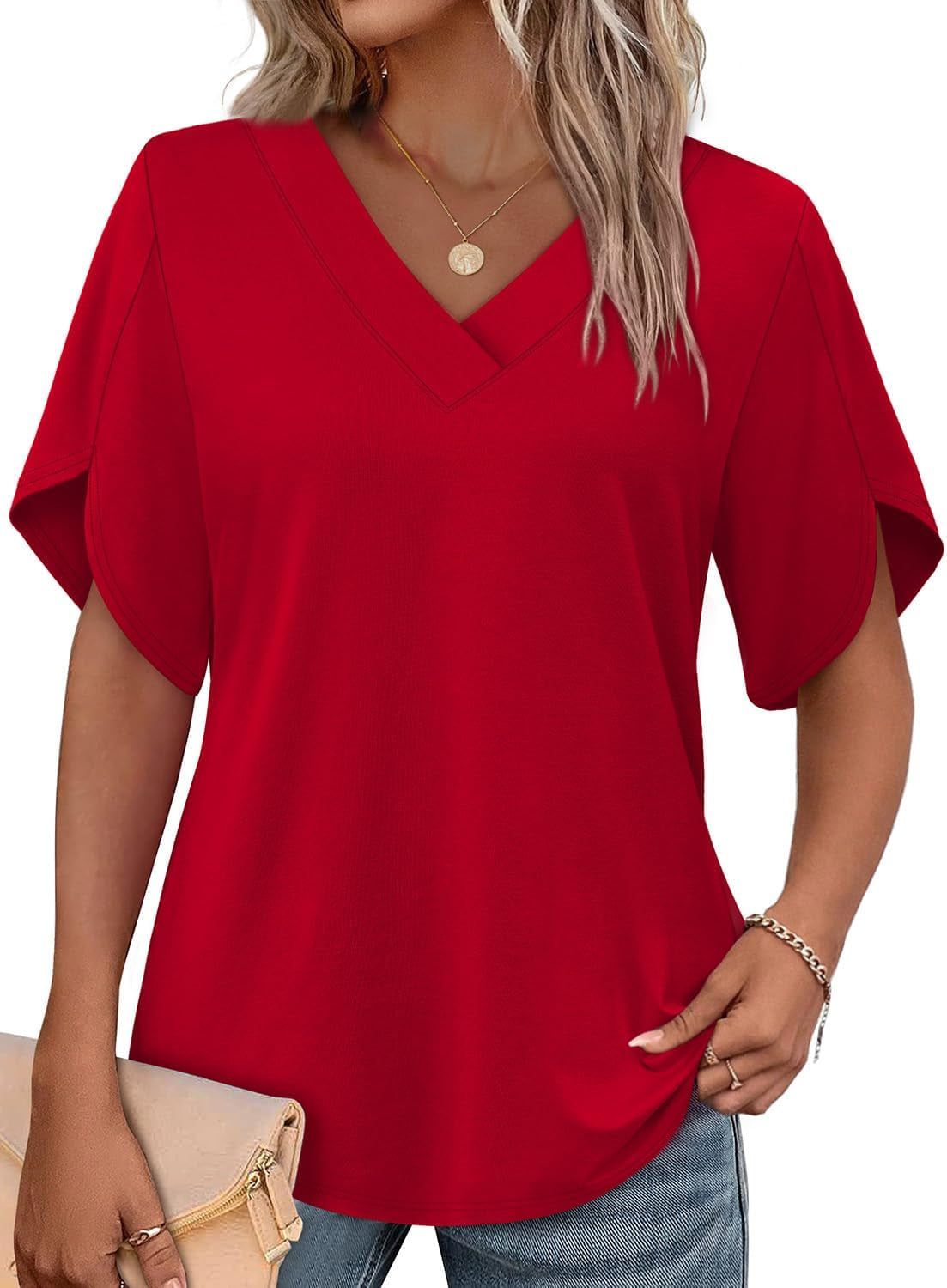 Womens Summer Tops Short Petal Sleeve Shirts Fashion V Neck Womens Clothing