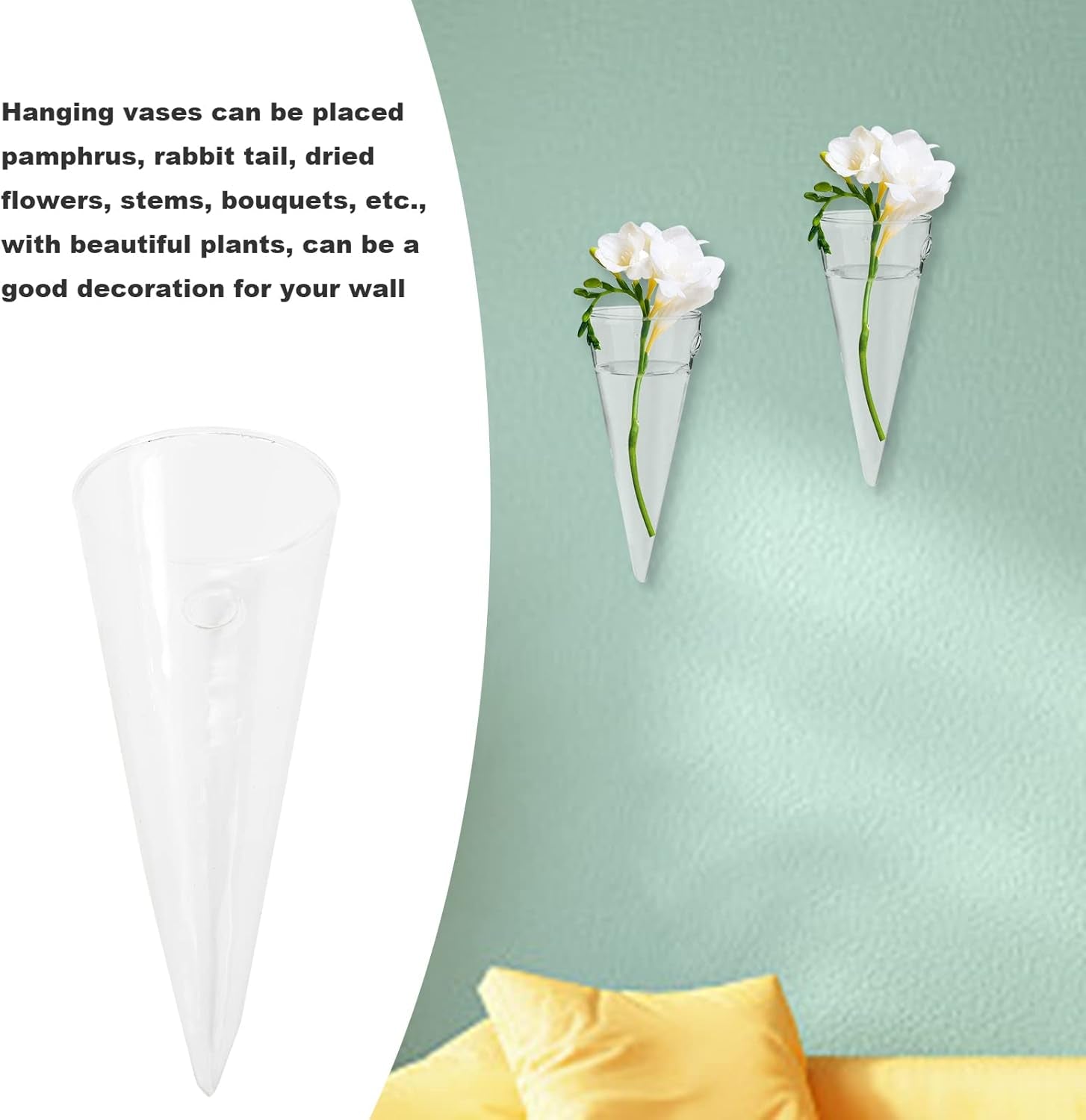 Clear Circular Cone Glass Wall Hanging Vase Flower Vase Bottle for Plant Holder Flower Creative Decor Cone Type Vase Succulent Planter Arrangement for Bedroom Kitchen Living Room Office