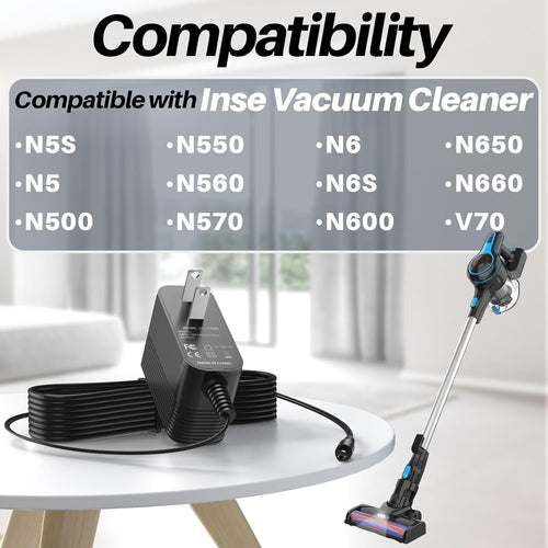 26.5V DC Charger for Inse Cordless Vacuum Cleaner Replacement AC Adapter for INSE N5S N5 N500 N550 N560 N570 N6 N6S N600 N650 N660 V70 Vacuum Charger for Deik VC-1518-US Power Supply for Wowgo S108