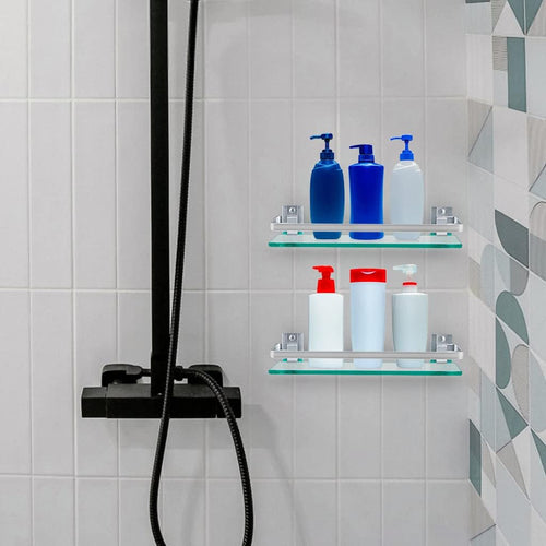 2-Pack Tempered Glass Bathroom Shelf with Rail, 15" X 4.5" Rectangular Shower Caddy, Wall Mounted Floating Shampoo Holder for Lavatory, Kitchen, Living Room